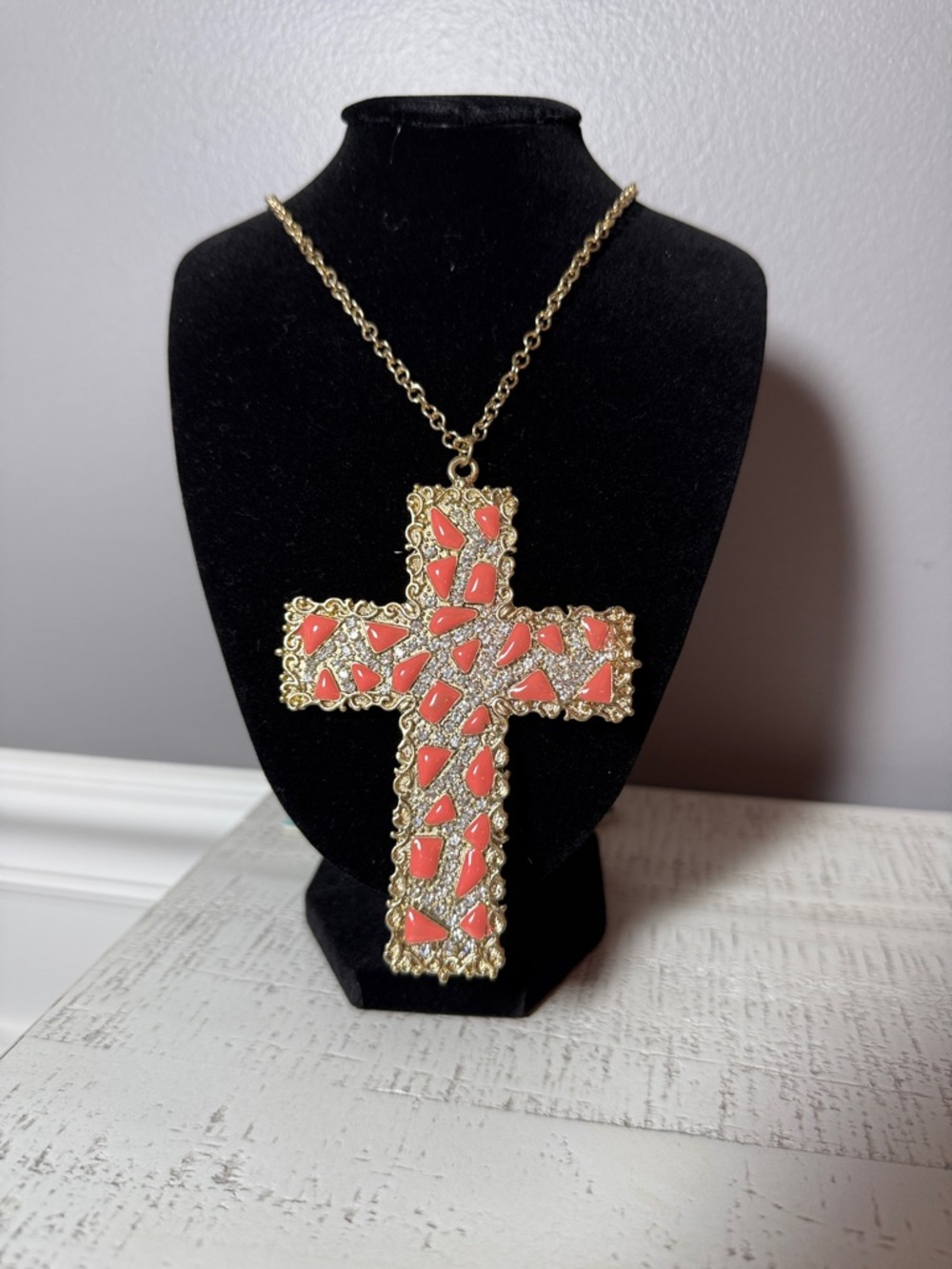 Ella Gold-Tone Cross Necklace with Coral Accents